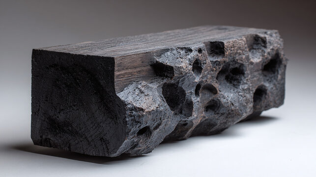 An abstract close-up shot of a textured black stone, showcasing its intricate patterns and rough surface. The lighting emphasizes the depth and character of the object