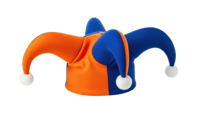 Isolated Jester Hat Costume Accessory in Blue and Orange with Pompoms for Carnival