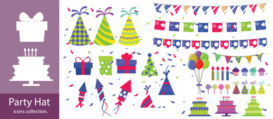 party hat icons set,Birthday Icons Set. Birthday Gifts. Filled icon set of Birthday Gifts: birthday box, ribbon bow, cake,