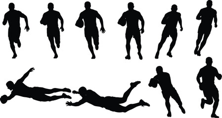 Silhouettes of athletes running and diving with a rugby ball, showcasing dynamic sports poses, action movement, competitive gameplay, and athletic performance