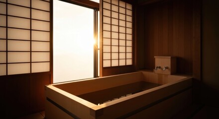 Wooden Japanese soaking tub, sunlit room