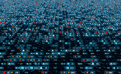 User network with online activities, post, likes, emails, social media followers. Privacy, internet, security, computer crime. 3D illustration