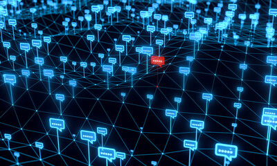 Communication network, social media online chat bubbles in blue, one in red text messaging, internet. Wire frame,  technology, system, lifestyles, leisure activity, networking. 3D illustration