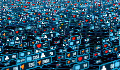 User network with online activities, post, likes, emails, social media followers. Privacy, internet, security, computer crime. 3D illustration