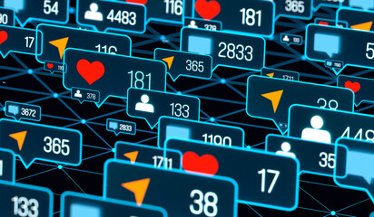 Close up user network with online activities, post, likes, emails, social media followers. Privacy, internet, security, computer crime. 3D illustration