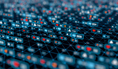 Close up user network with online activities, post, likes, emails, social media followers. Privacy, internet, security, computer crime. 3D illustration