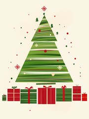 Cartoon Christmas Striped Tree with Gift Boxes Flat Design Decorative Material
