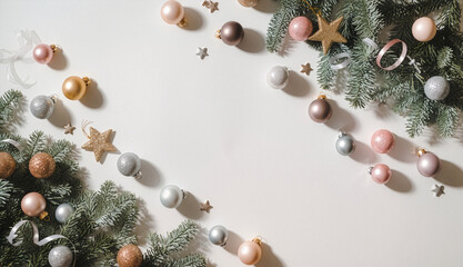 Elegant pastel Christmas flat lay with pink, gold, and silver baubles