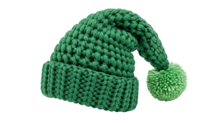 Isolated green knit winter elf hat, chunky yarn style, cap with pompom for cold weather