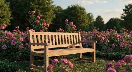 Wooden park bench amidst a vibrant rose garden. Sunlight filters through trees