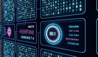 Data processing, deep learning, big data, binary code, machine learning. Technology, science, analysis, connection, data stream, encryption. 3D animation.