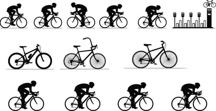 Silhouettes of cyclists riding bicycles with various bike types and cycling poses, showcasing transportation, fitness, urban commuting, and active lifestyle concepts