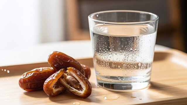 Refreshing glass of water and sweet dates for a healthy lifestyle, perfect for Ramadan or mindful eating promotion, showcasing natural goodness