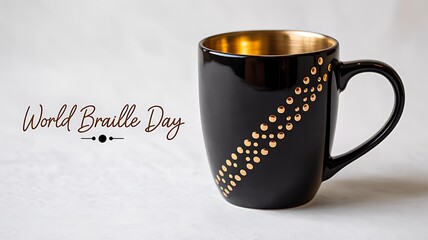 Black mug with golden braille design symbolizing world braille day
