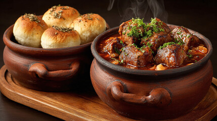 A delicious beef stew with freshly baked rolls, presented in rustic earthenware bowls, offering a warm and inviting culinary experience