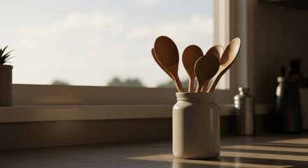 Wooden spoons in a white jar on a kitchen counter, sunlight streams through a window (1)