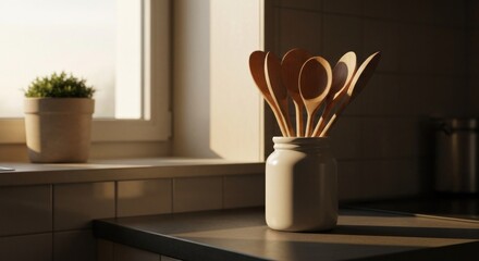 Wooden spoons in a white jar on a kitchen counter, sunlight streams through a window