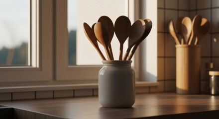 Wooden spoons clustered in a white jar on a kitchen counter, near a window. Sunlight streams in