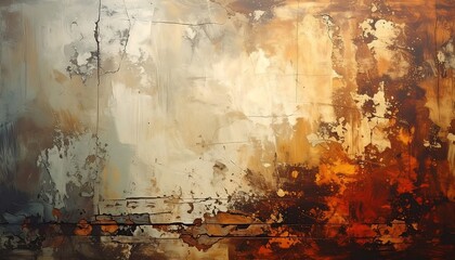 Distressed wall painting with textures of beige, gold, and brown creates abstract, weathered feel