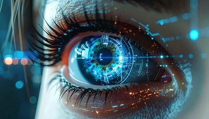 Detailed eye close-up featuring technological elements integrated into the iris, with intricate details on the surrounding skin