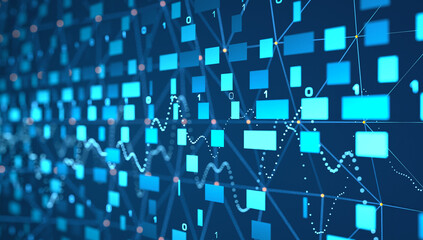 Obraz premium Close up abstract data processing, blockchain system, big data, binary code, encryption. Digital network, technology, innovation, futuristic data concept. 3D illustration