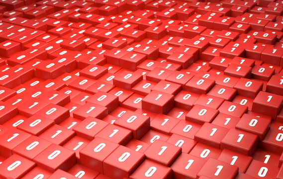 Abstract red cubes with binary code, technology, big data. Machine learning, AI, artificial intelligece, science, code, encryption, one and zero. 3D illustration