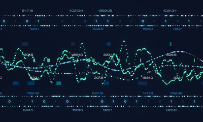 Abstract sine waves, noise, encrypted data, frequency, oscillator function, lines, science, and experimentation. Screen displaying laboratory data and sine curves, analysis, technology.