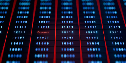 Password warning sign, datacenter, data processing, access denied, binary code, supercomputer, big data. System password, network security, unauthorized access, privacy, technology. 3D illustration