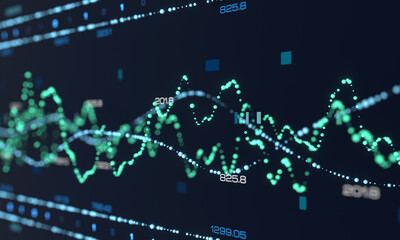 Abstract sine waves, noise, encrypted data, frequency, oscillator function, lines, science, and experimentation. Laboratory data and sine curves, analysis, technology. 3D illustrtation