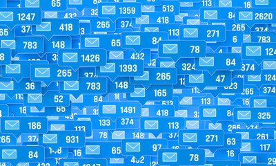 Blue email accounts, number of mails in the inbox, communication network. Social media, information medium, digital asset management, system administrator interface, control.