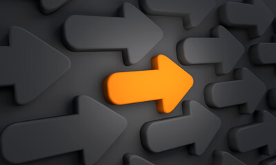 Orange arrow points in the right direction surrounded be black arrows. Direction, decision, creative, arrow symbol, move right.