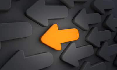 Orange arrow points in the left direction surrounded be black arrows. Direction, decision, creative, arrow symbol, move left.