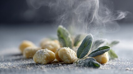 A winter flat lay of gnocchi in sage butter, frosty gray background with gentle steam