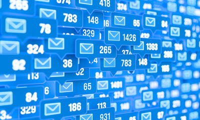 Close-up email accounts, number of emails in the inbox, communication network. Social media, information medium, digital asset management, system administrator interface, control.