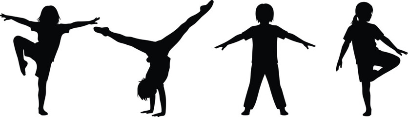 Four children silhouettes performing gymnastic poses and dance moves kids gymnastics