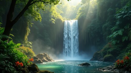 Majestic Waterfall in Lush Tropical Rainforest with Sunbeams.