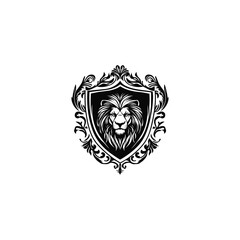 Luxury vintage heraldic shield featuring a powerful lion head centerpiece, framed by elaborate baroque and filigree decorations