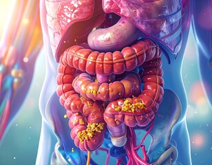 Colorful medical render of human anatomy showing internal organs and skeletal structure in bright, abstract lighting