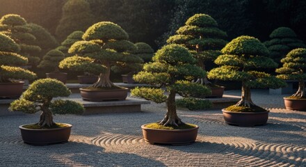 Zen garden with bonsai trees. Sunlight filters through trees