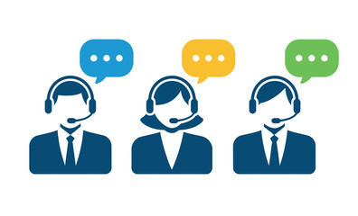 Three people wearing headsets with speech bubbles above their heads, representing communication and customer service.