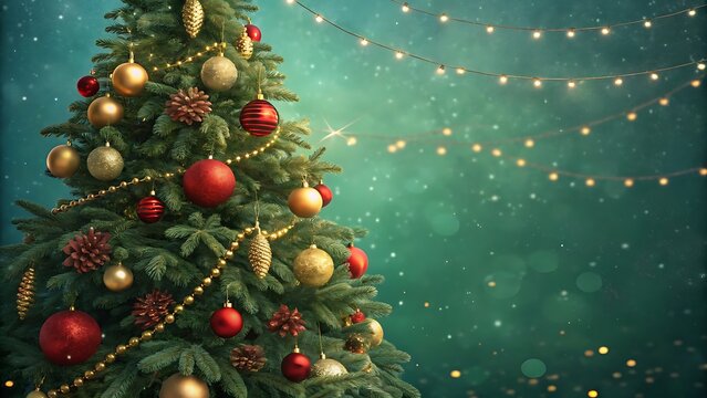 Festive Christmas tree with red and gold ornaments, glowing lights, and sparkle bokeh on a green blue background, elegant holiday greeting card design with space for text.”