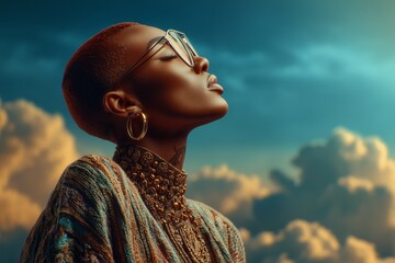 A person in a patterned garment and gold jewelry looks up at a bright blue sky with clouds, evoking hope and celestial connection