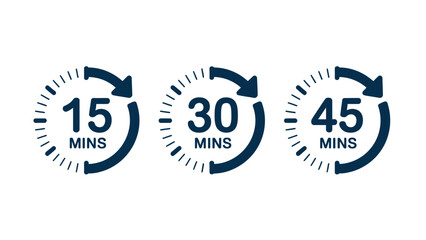 Three circular icons depicting time intervals of 15, 30, and 45 minutes, suggesting scheduling or duration options.