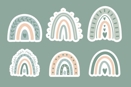 Green boho rainbow sticker pack. Soft earthy pastel stickers for planners and nursery decor