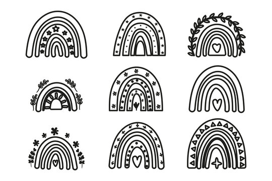 Black outline boho rainbow collection. Modern minimal shapes for prints and invitations