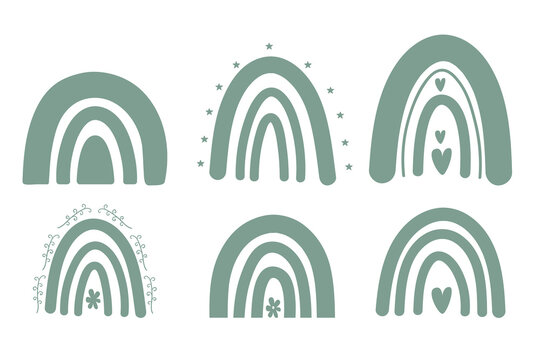 Green silhouette boho rainbow set. Soft earthy minimalist shapes for nursery art