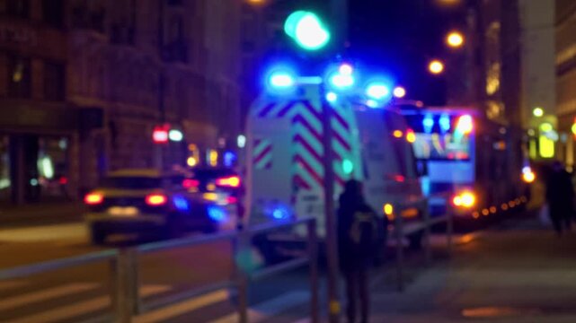 Urgent ambulance response beneath streetlights, Bluelight ambulance arriving amidst nighttime urban panic