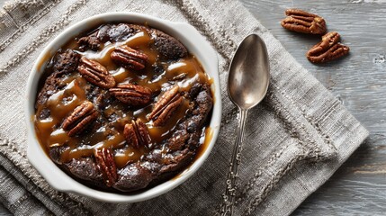 Fototapeta premium A cozy flat lay of chocolate cobbler with caramel drizzle and pecans, rustic linen backdrop