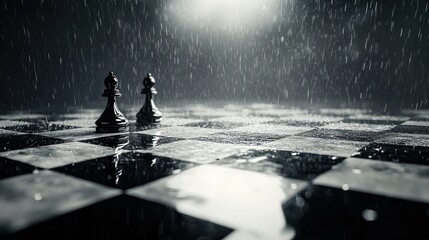 Obraz premium Chessboard with pieces in dramatic lighting