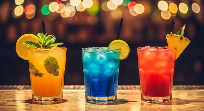 Colorful cocktails lined up on a bar counter with a blurred background of festive lights for happy hour celebration or social gathering
